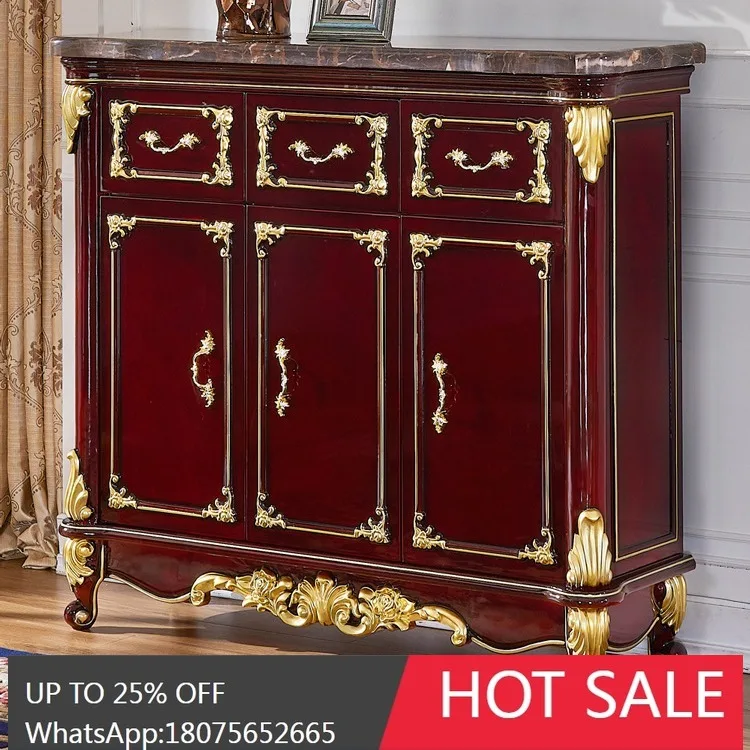 

SGF European Style Marble Shoe Cabinet Solid Wood Carved Home Entrance Storage Cabinet
