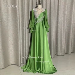 OLOEY Exquisite Green Satin Prom Evening Dresses Glitter Beading Crystal A Line Floor Length Wedding Party Dress Arabic Dresses