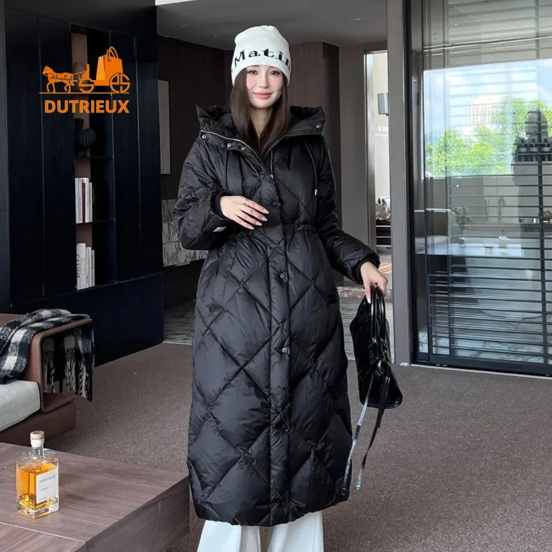 New Down Jacket for Women, Simple and Elegant Winter Hooded Long Drawstring Waist Grey Goose Down Jacket Warm Loose Version Coat