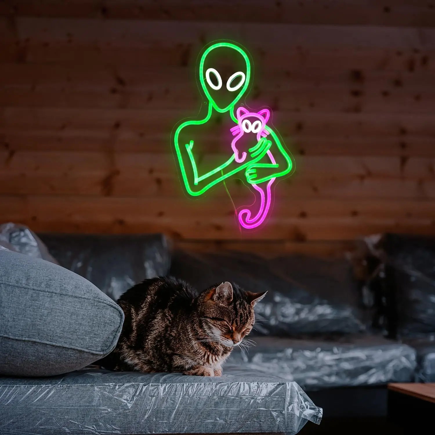 Aliens Cat Neon Sign Funny Green Aliens  LED Neon Light Sign For Art Wall Decorations Game Room Party Birthday Gifts Home Decor