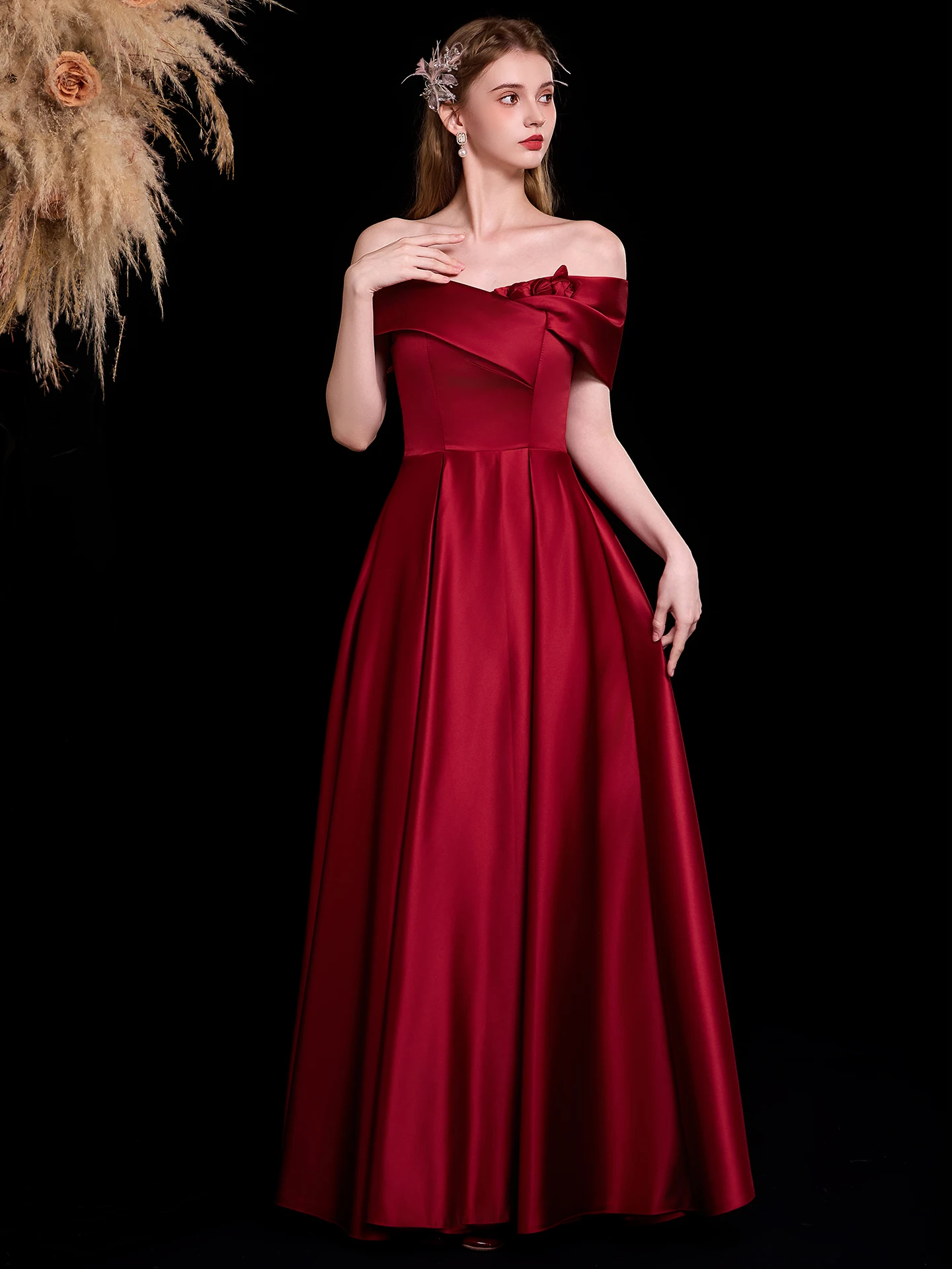 

Red Evening Gown Wedding Dr Soft Satin One oulder Korean Sle High Waist A-Line Skirt Long Dr for Engagement Par