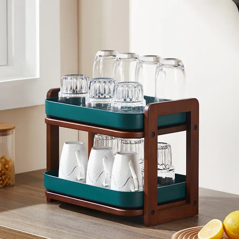 Water cup storage rack Double-layer shelf Solid wood tea set storage rack Drain tray Household tea cup