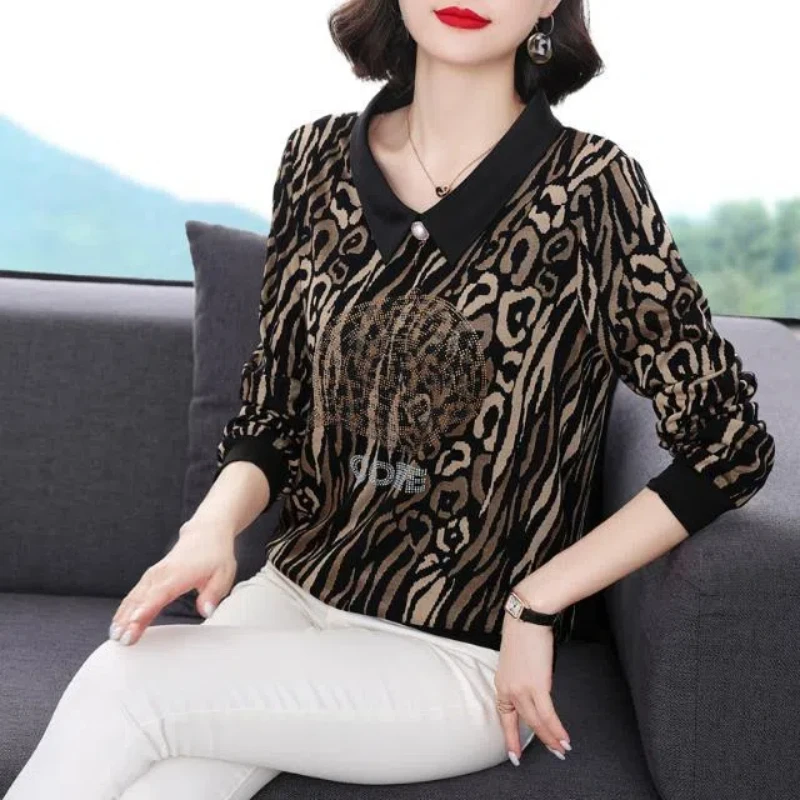 

Lantern Long Sleeve Peter Pan Collar Rhinestone Printing Leopard Stripe Pullover T-shirt Elegant Women's Spring Autumn Tops