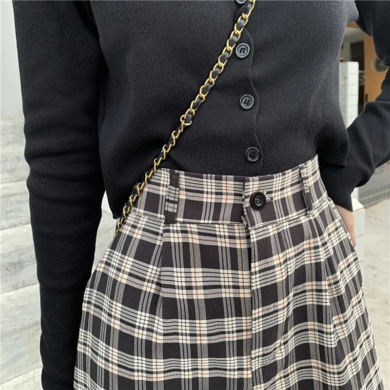 Simple Vintage Plaid Causal Long Women Pants Street Fashion Straight Wide Leg Pant