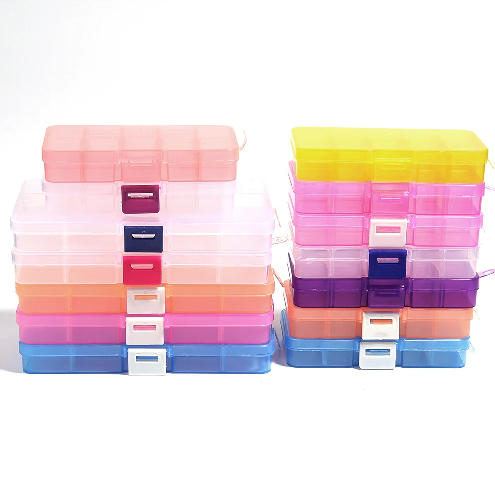 10/15Grids Rectangle Plastic Storage Box Color Storage Container for DIY Sewing Button Bead Rhinestone Manicure Accessories Case
