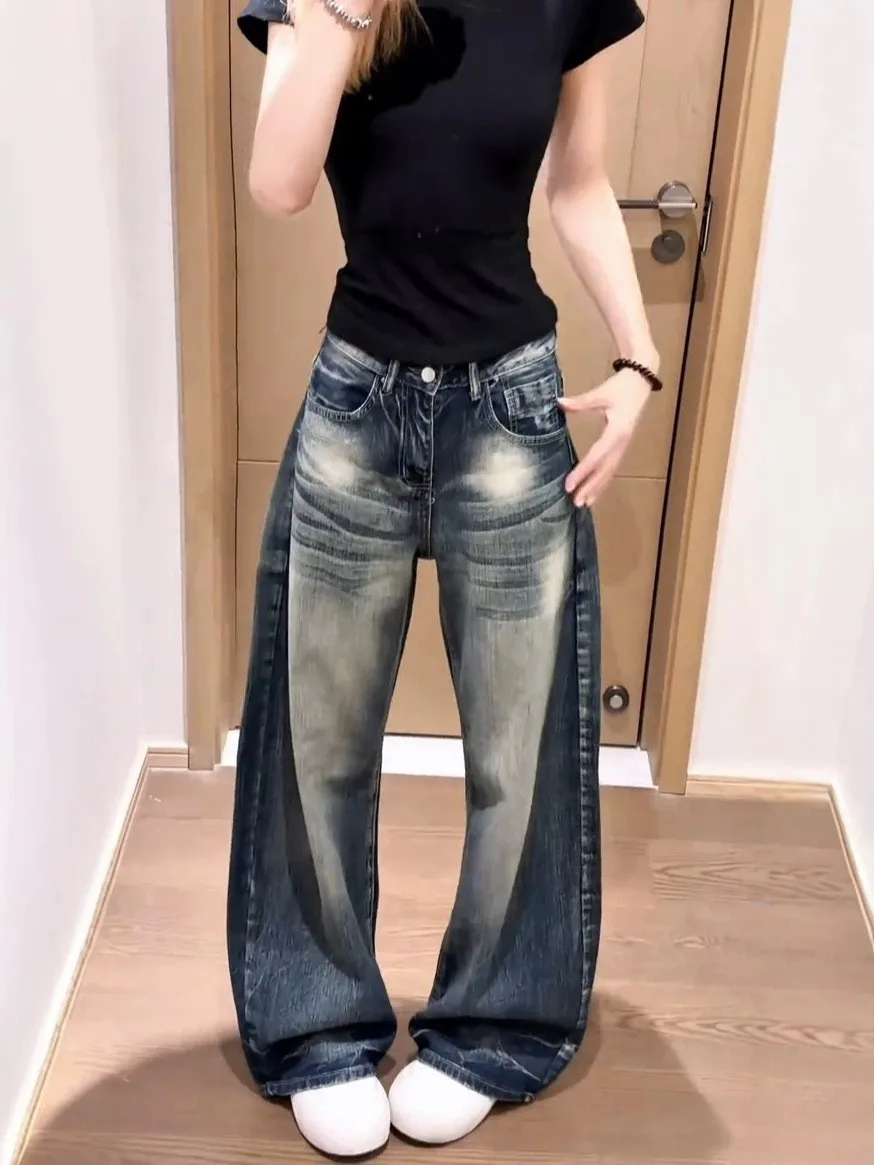 High Waist Wide Leg Denim Jeans Women's plus Size American Retro Bamboo Texture Knife  Casual Loose Fit Autumn Jeans