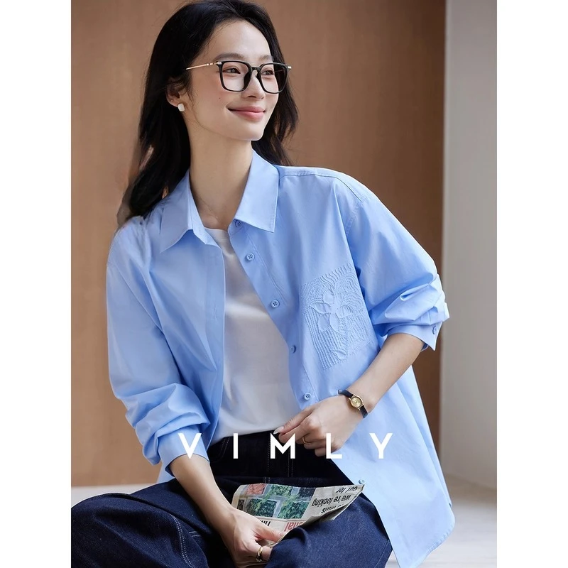 VIMLY الأزرق قمصان نسائية 2025 الخريف طويلة الأكمام عادية التطريز التلبيب طوق سيدة قميص المعتاد زر بلوزة المرأة A1777