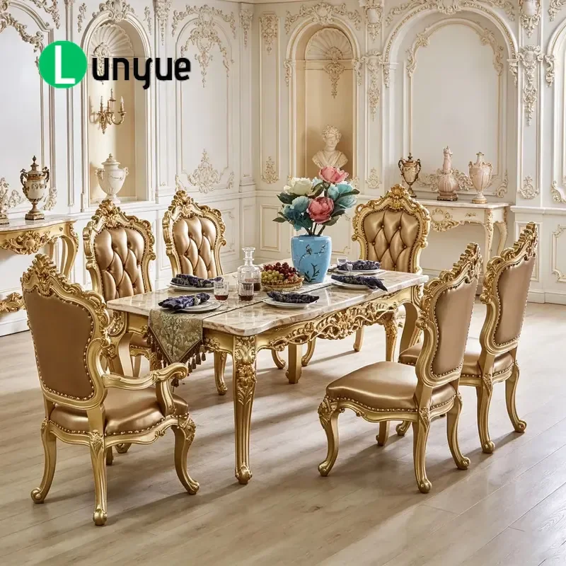 European Rectangular Dining Table Set Hand Carved Gold Plated Solid Wood PU Leather Chairs For Restaurant Home Furniture