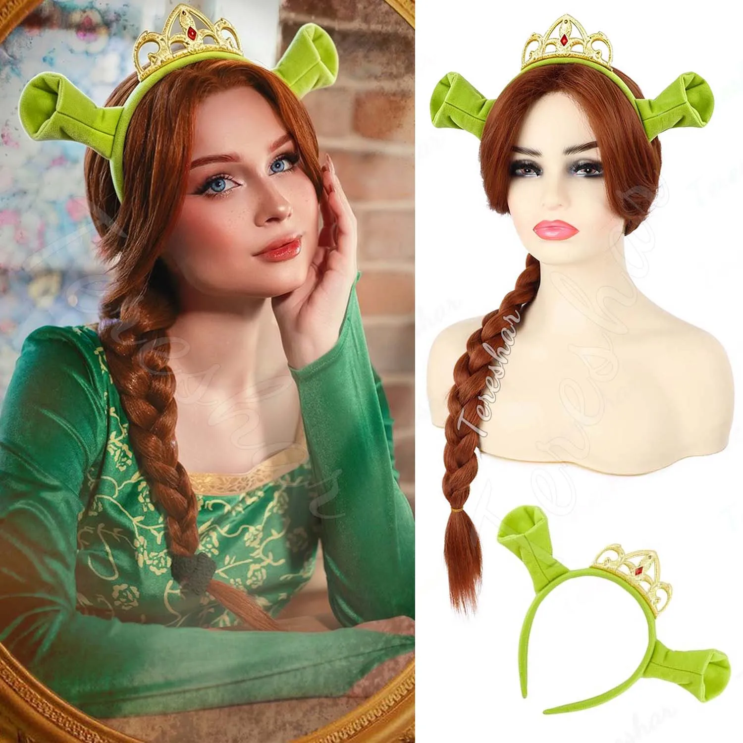 Synthetic Reddish Brown Fiona Costume Wig+Ogre Green Ears Headband with Princess Crown,Cosplay Halloween Anime Party Braided Wig