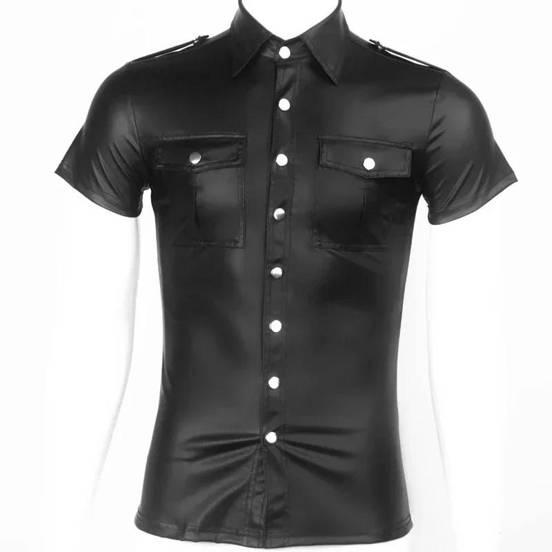 Plus Size Mens Shiny Leather T-shirt Glossy PVC Leather Short Sleeve Tees Male Turn-down Collar Shaping Latex Casual Tops Sexi