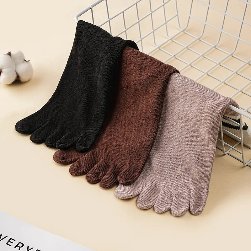 3 Pairs Autumn Winter Five Finger Socks Women Girls Combed Cotton Warm Sock Fashion Striped Mid-Tube Sport Style Crew Toe Socks