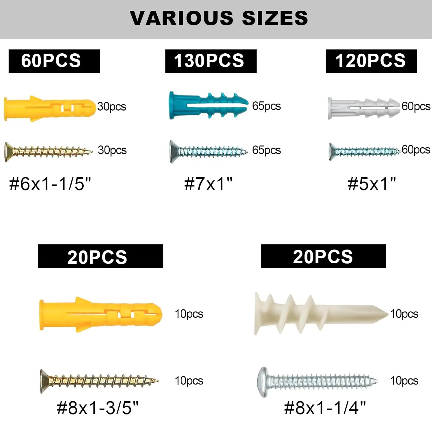 Drywall Anchors and Screws Assortment Kit 350PCS 175 Dry Wall Anchors and 175 Flat Head Screw with Self Drilling Drywall Anchors