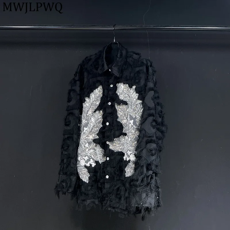 

MWJLPWQ Fringe Lace Niched Design Casual Shirt Men's High Street 2025 New Autumn Laple Loose Long Sleeve Unisex Tops 11690