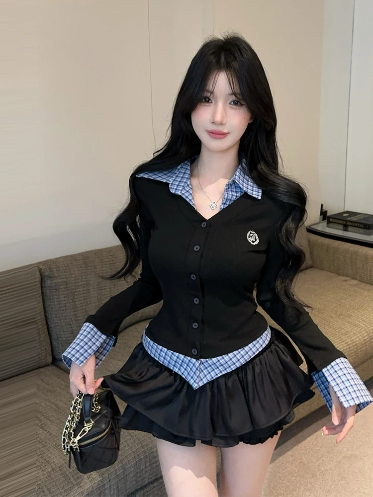 

Foamlina поло с вырезом в клетку и принтом в стиле пэчворк, женские футболки на весну и осень с длинными рукавами и пуговицами, тонкий топ в консервативном стиле из двух частей