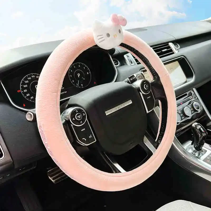 Sanrio Kawaii Hello Kitty Plush Steering Wheel Cover Anime Cartoon Exquisite Universal Car Handlebar Anti-slip Protective Cover