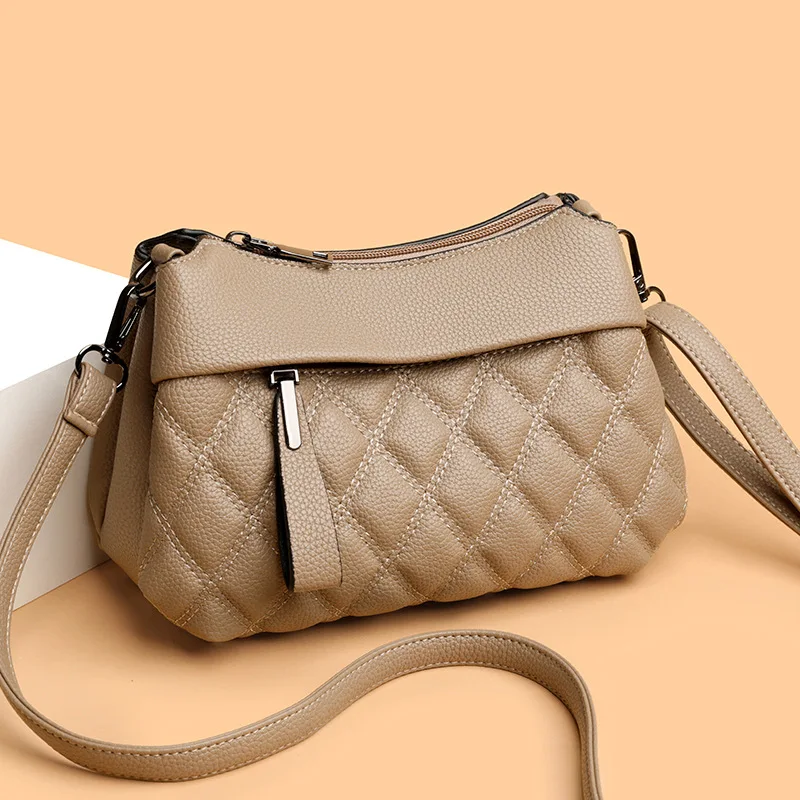 PU leather simple multi-layered single-shoulder bag for women, diamond-patterned lightweight commuter crossbody bag