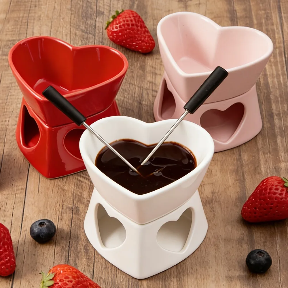 

Ceramic Butter Warmer Set Fondue Pot Melting Pot Set Melt Hot Pot Heart Shaped Bowl for Cheese Chocolate Caramel with Forks