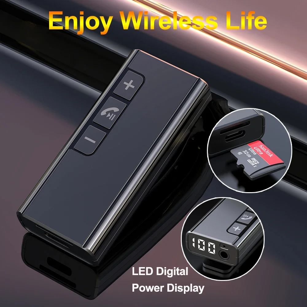 New Bluetooth Adapter Wireless Car Bluetooth Receiver 3.5mm Auxiliary Digital Display Audio Receiver for TF Card