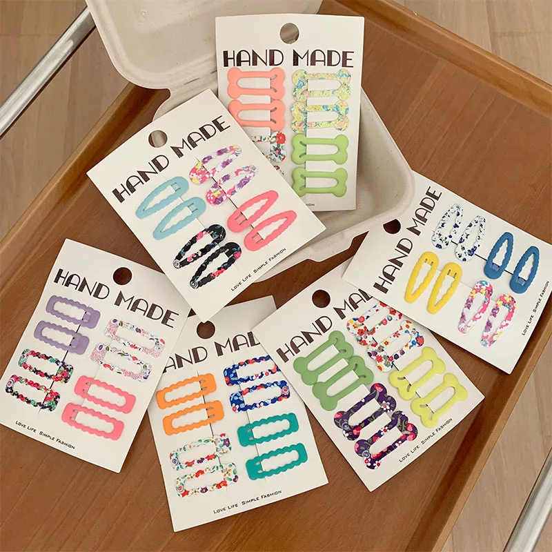 

Cute Colorful Metal Enamel Printed BB Hair Clips Set Children Waterdrop Shape Bangs Side Hair Pins Lovely Hair Styling Decor