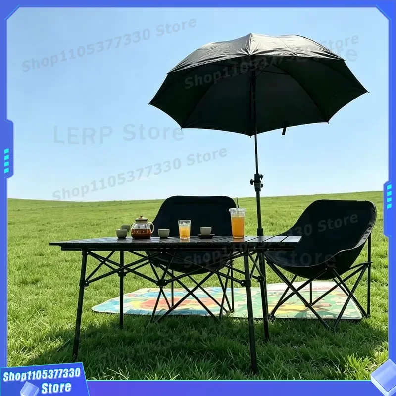Heavy Duty Foldable Universal Stand Outdoor Sunscreen Umbrella Set With Roll Up Table And Moon Chair Suitable For Camping