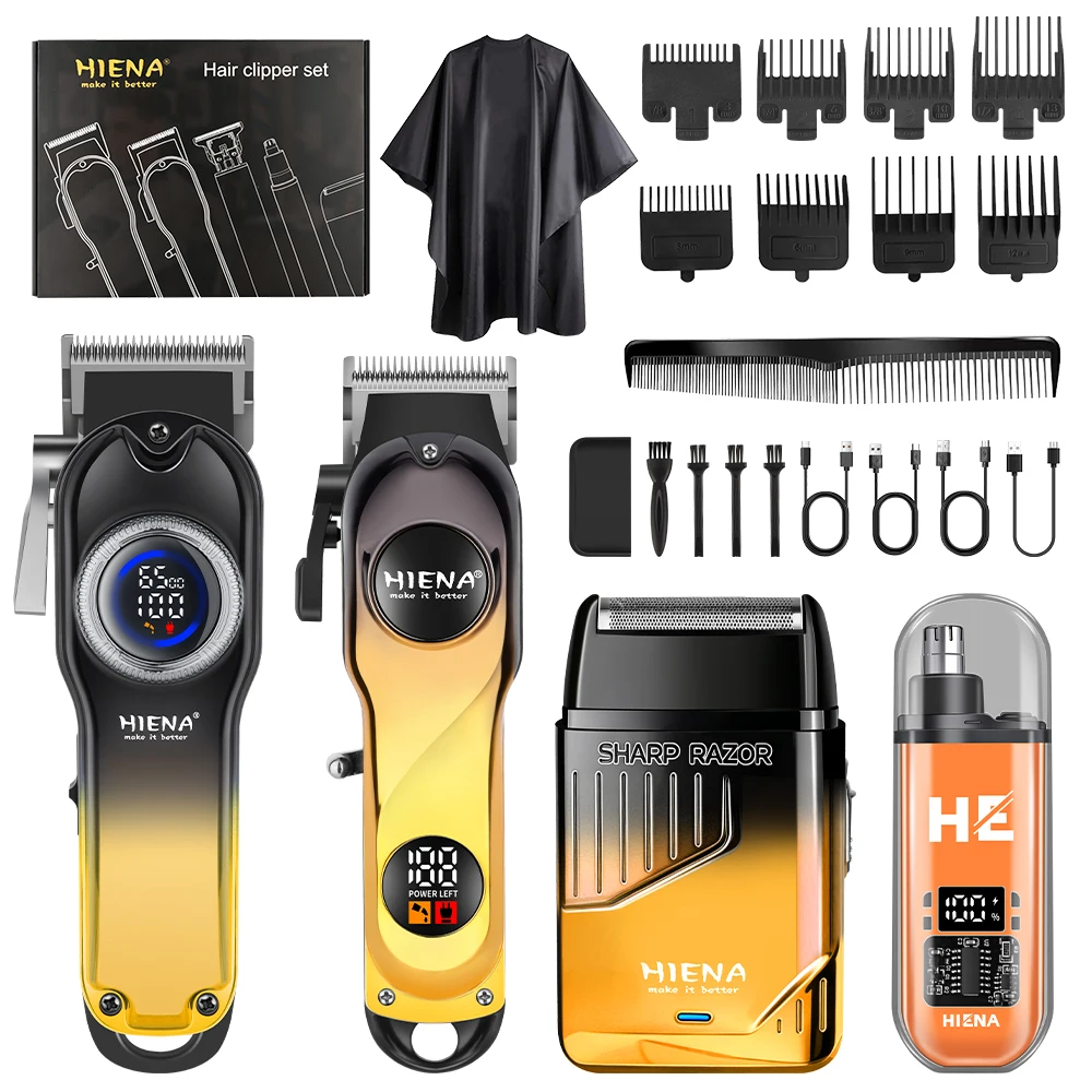 HIENA 4IN1 Hair Clipper Set LCD Cordless Trimmer Foil Shaver Nose Trimmer,8 Guide Combs Hair Cape,Barber Kit Salon Home Men Cut