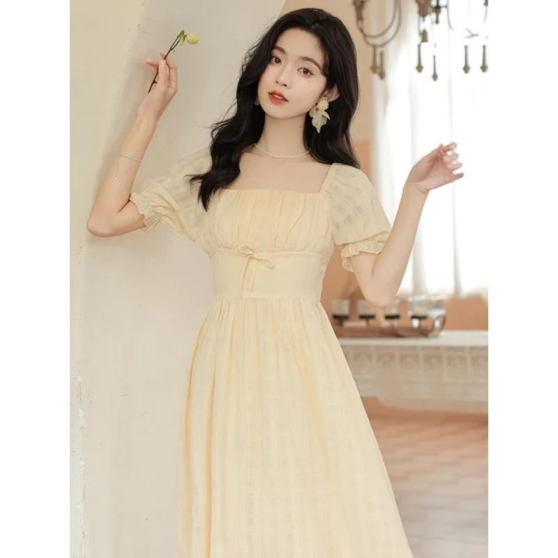 Yellow French Dresses Fashion Elegant Evening Party Dress Square Neck Mid Length Banquet Qipao Host Vestidos Girl Cheongsam