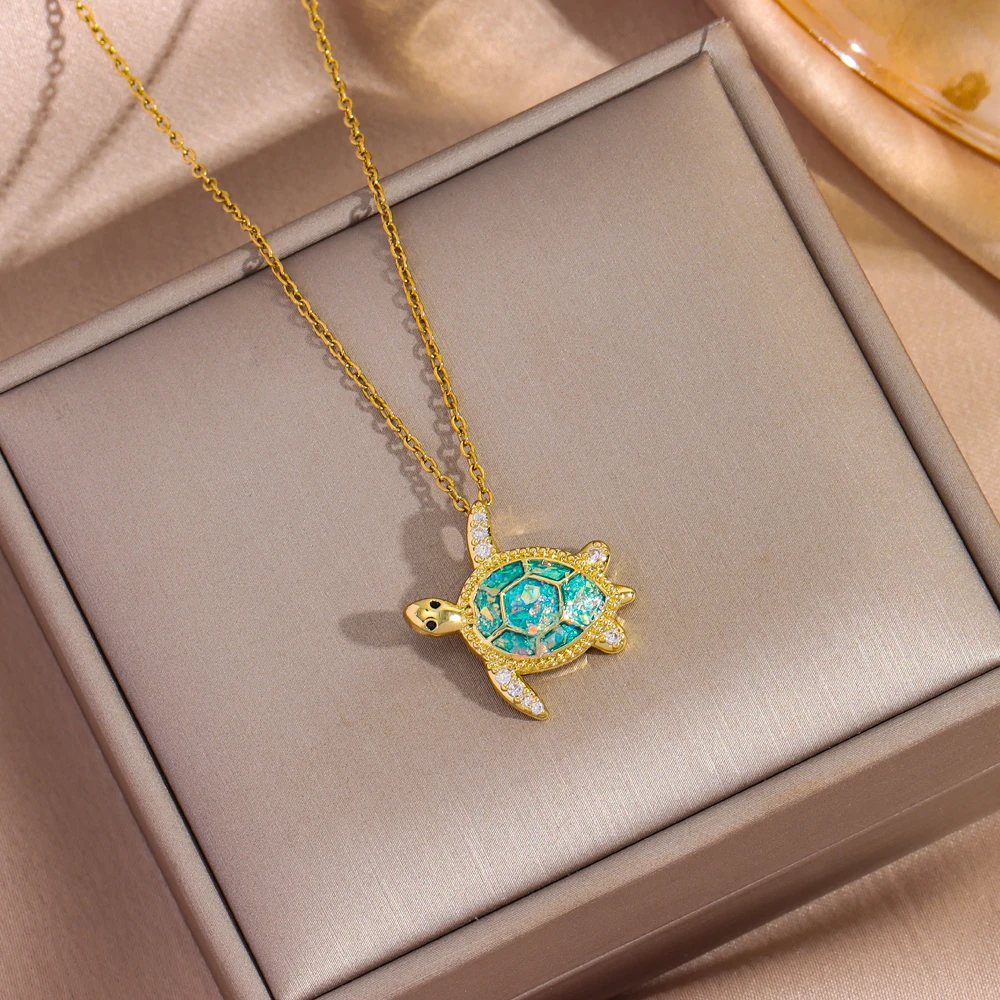 Neue 18K Gold Überzogene Nette Grüne Schildkröte Anhänger Halsketten Für Frauen Weibliche Täglichen Verschleiß Edelstahl Hals Kette Schmuck mädchen Geschenk