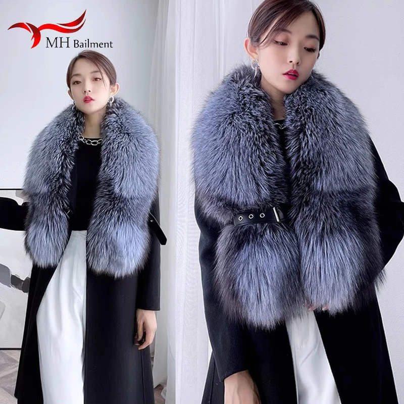 Winter Fox Fur Scarf Long Fur Collar Silver Fox Real Fur Shawl Russian Scarfs For Ladies Neck Luxury Fashion Scarves Womens