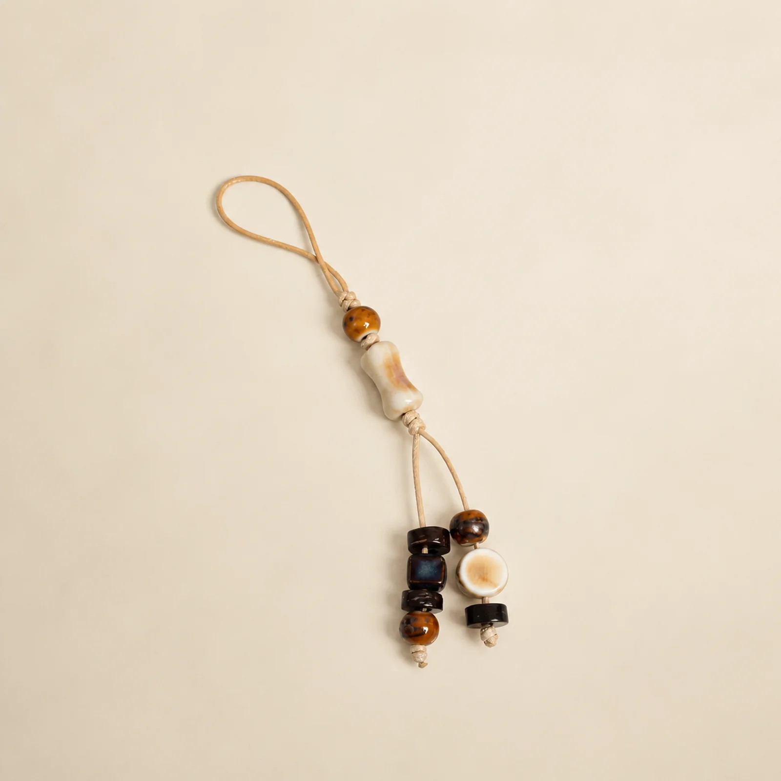 Handmade Ceramic Bone Bead Bag Charm Waxed Cord Hand Braiding and Wooden Accent Ceramic Bead Pendant Accessory 608P9-09