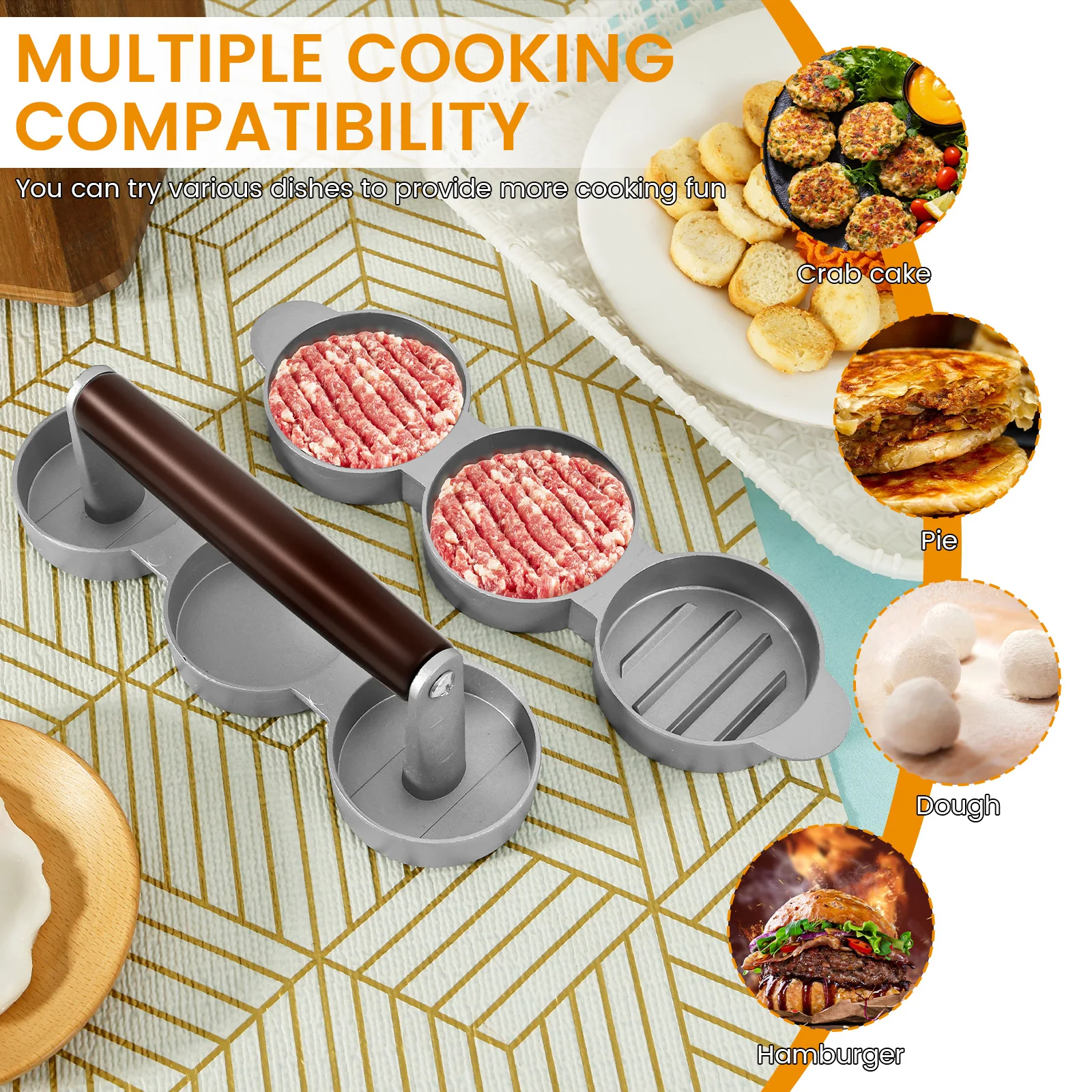 همبرغر باتي صانع الصحافة مع مقبض 3 تجويف قالب الفولاذ المقاوم للصدأ غير عصا قالب سمك تعديل المطبخ لحوم البقر أدوات شواء