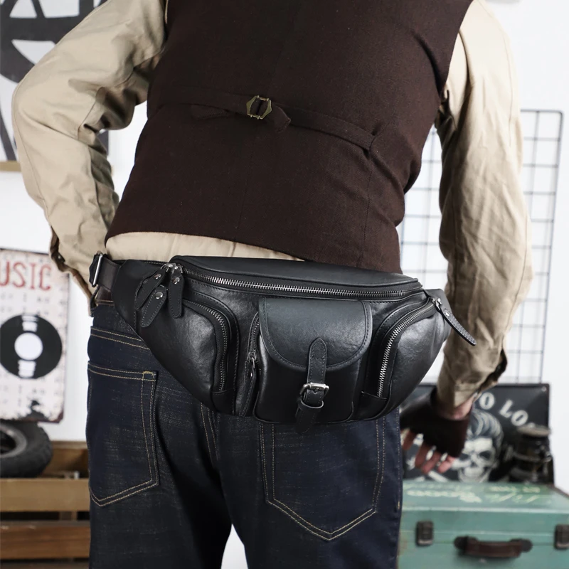 

Multi Pockets Fanny Waist Belt Bag Genuine Leather Black Men's Shoulder Cross Bag Outdoor Chest Bag Travel Sling Bagpack