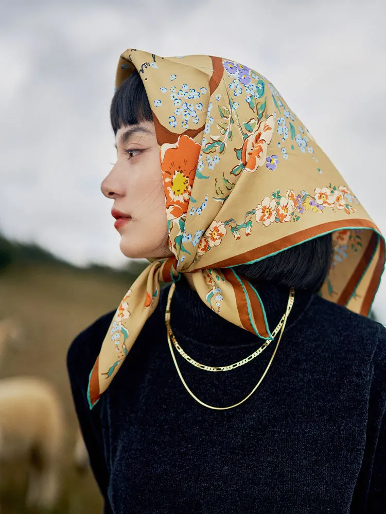 

Elegant Vintage Floral Print Silk Scarf Square Shawl Asymmetrical Design by Zhou Xiaodou for All Seasons Women's Fashion Acce...