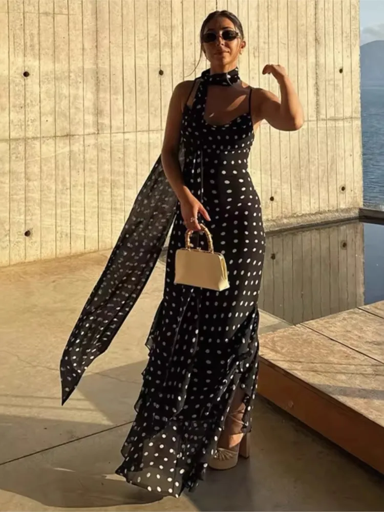

Dresses For Woman Contrast Polka Dot Dress Backless Simple Style Vestidos Sexy Sleeveless Elegant Temperament Robe Fashion Slim