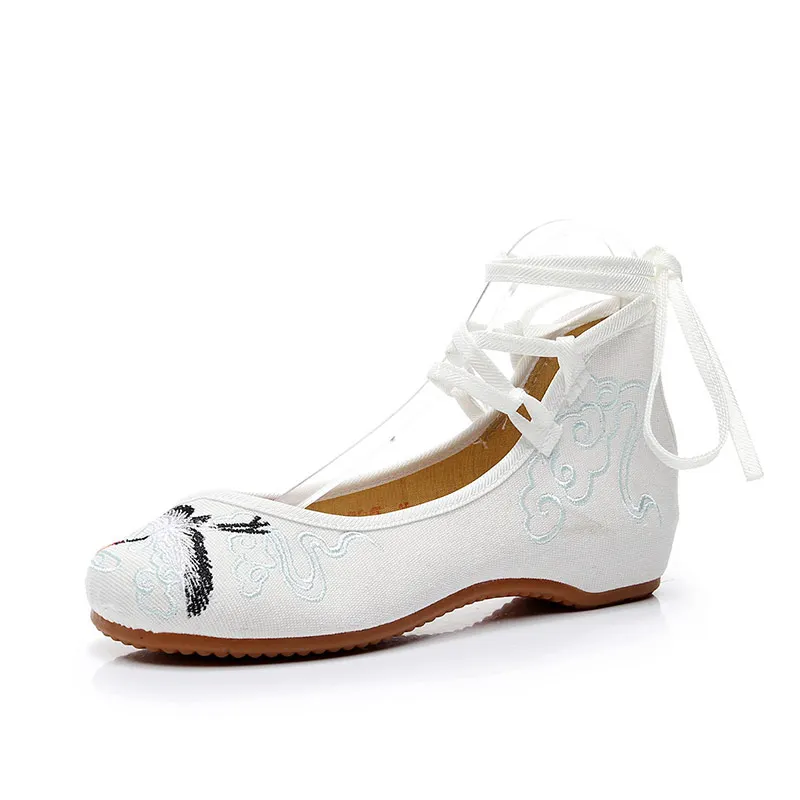 Longevous Crane Embroidered Lace Strap Canvas Ballet Flats Handmade Vintage Ladies Casual Comfortable Shoes White