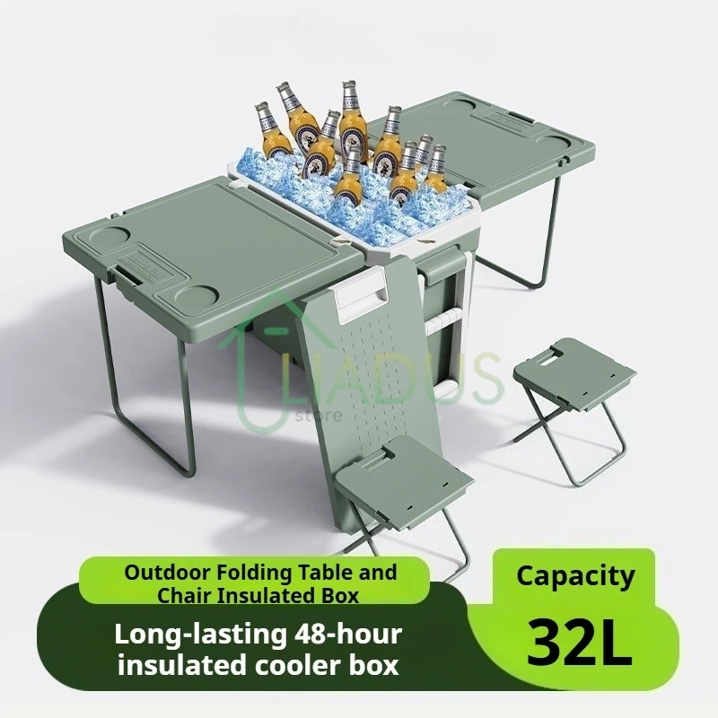 Caja de hielo para acampar de 32L/46L, refrigerador térmico portátil plegable con función de mesa y silla para suministros de acampada al aire libre y Picnic