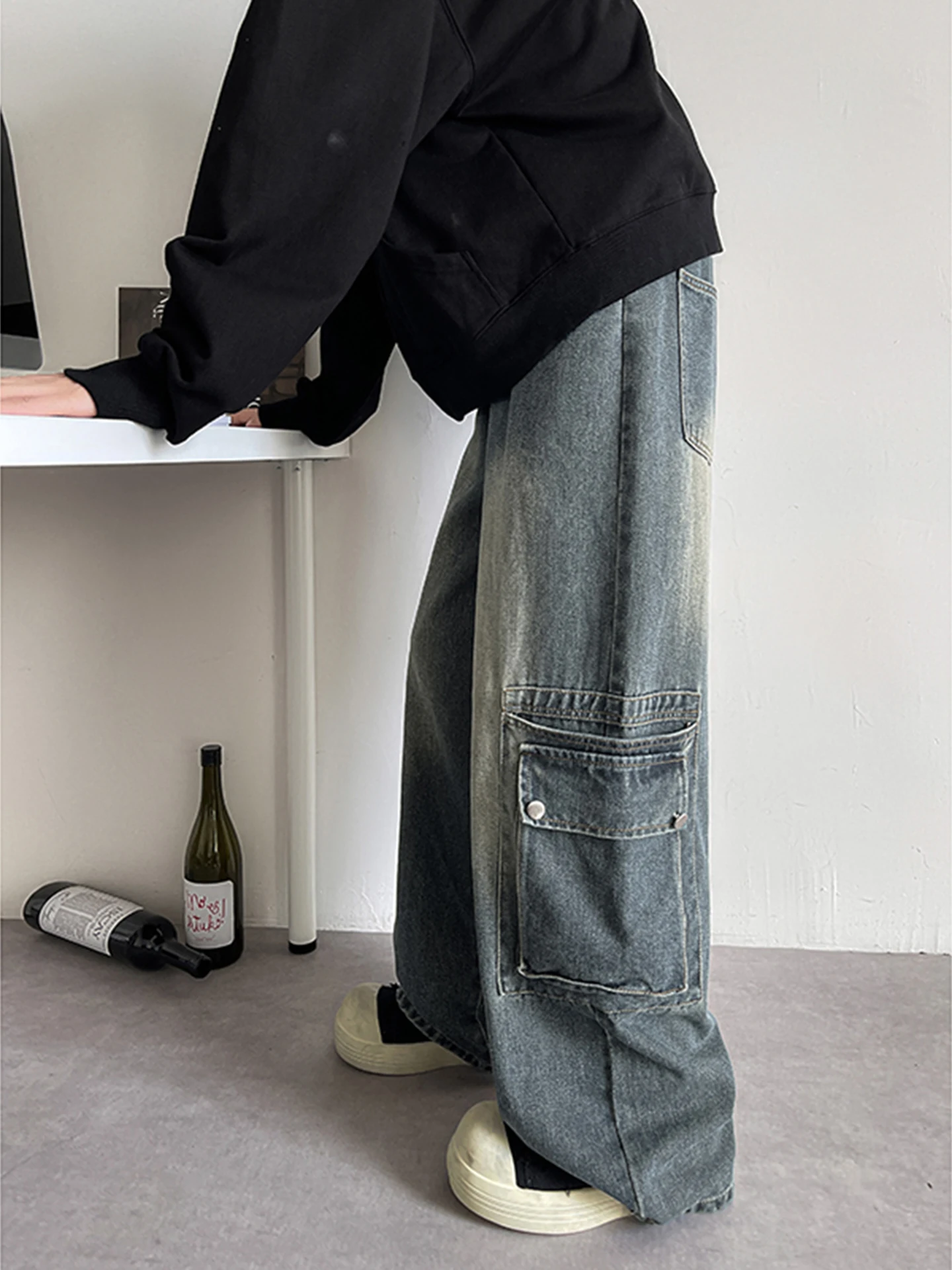 

American Waed Men's Workwear Jeans Autumn Large ket High Waist Straight Leg Pants Worn Design Casual Comfortable Fit