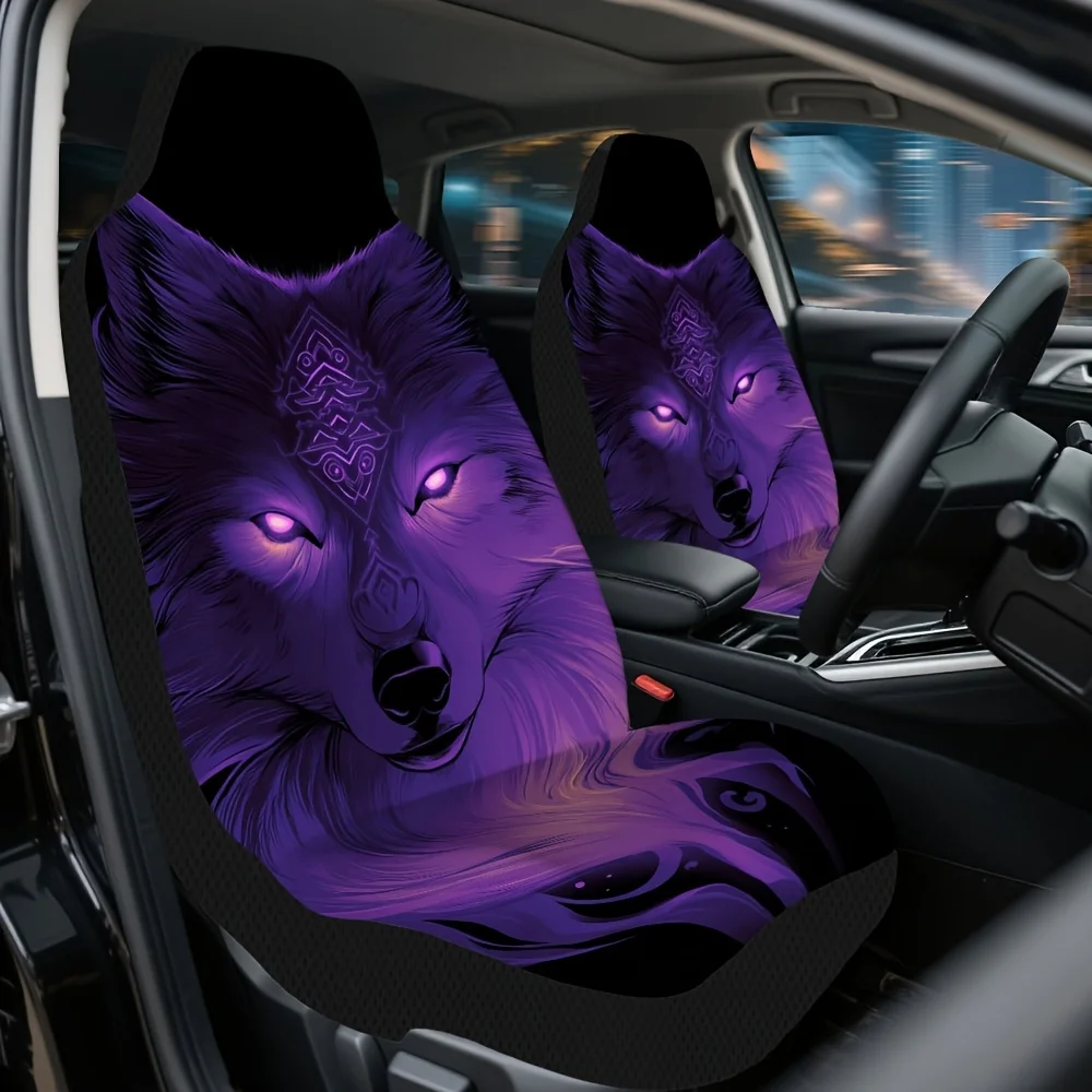 2pcs Halloween Purple Wolf Car Seat Covers For Front Seats, Fit For Cars, Trucks, SUVs, Sedans, Offering Maximum Protection And