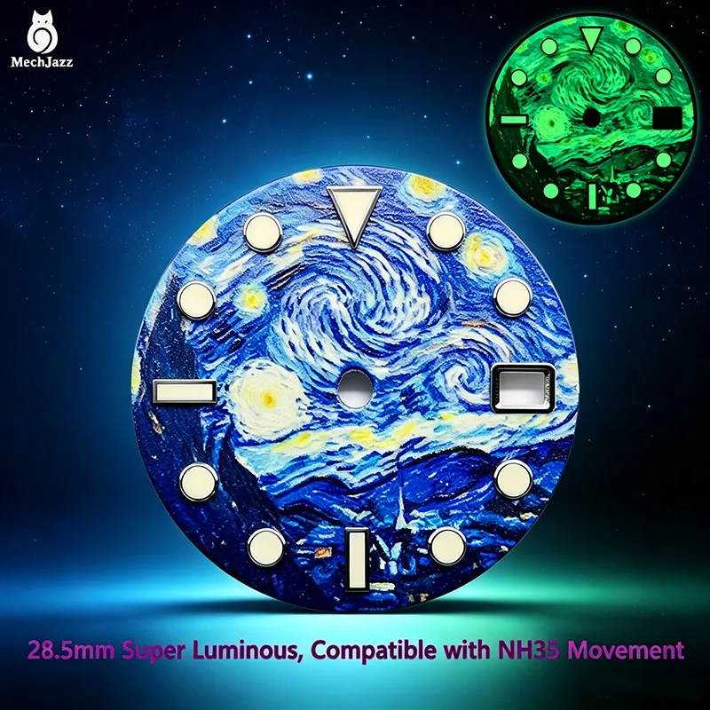 MechJazz 28.5mm Van Gogh The Starry Night Art Pattern Watch Dial Super Luminous Dial For NH35 NH36 Automatic Watch Mod Parts