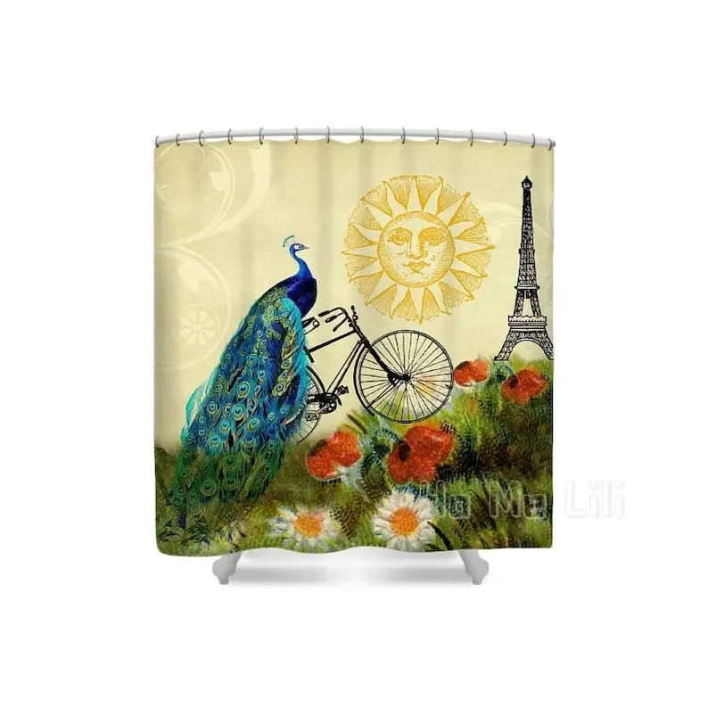 Peacock Shower Curtain Paris Whimsical Bohemian Bicycle Decor Eiffel Tower