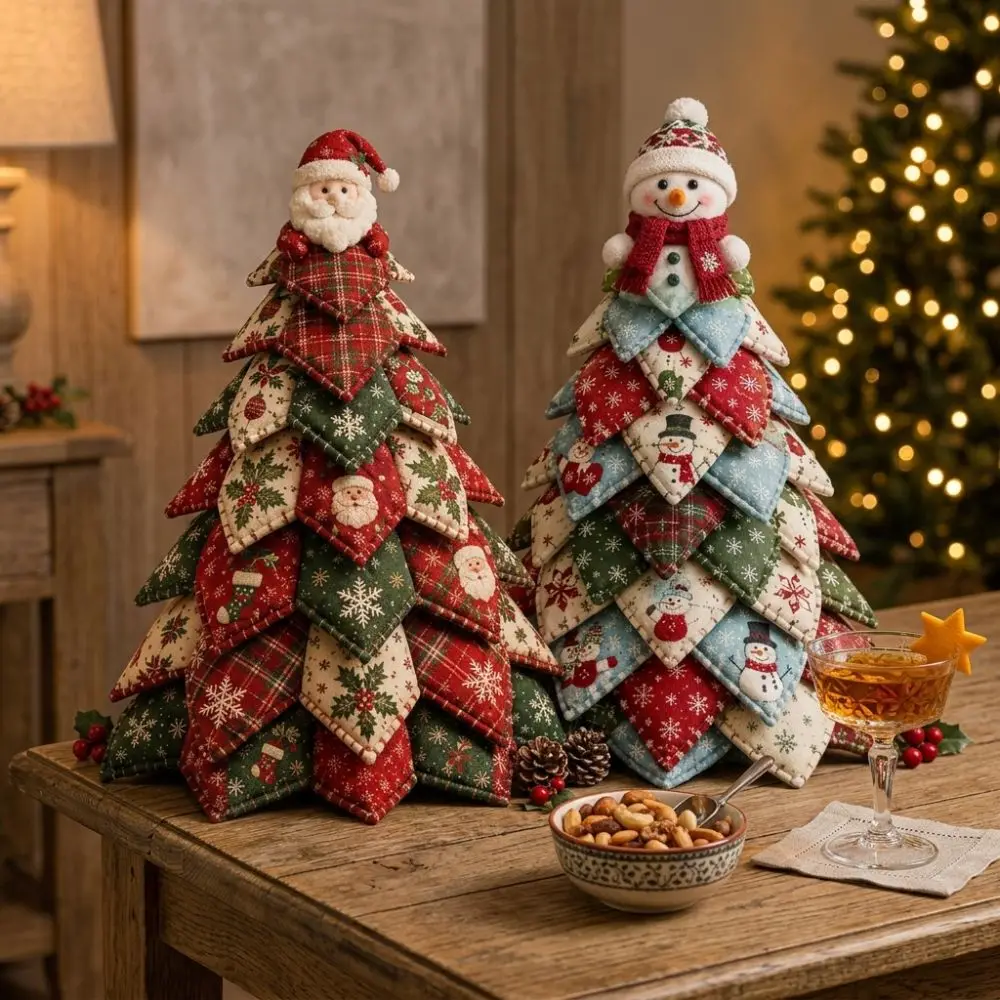 Vintage Style DIY Quilted Christmas Tree Kit Handcraft Snowman Elk Fabric Patchwork Xmas Tree Beginner‑Friendly Santa Claus Girl
