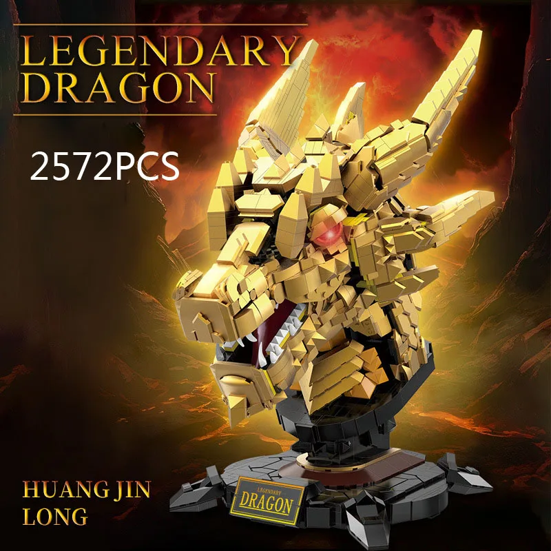 Idea Decoration Movie Gold Fiery Dragon Head Block Construction Building Brick Model Educational Toys Collection For Gift