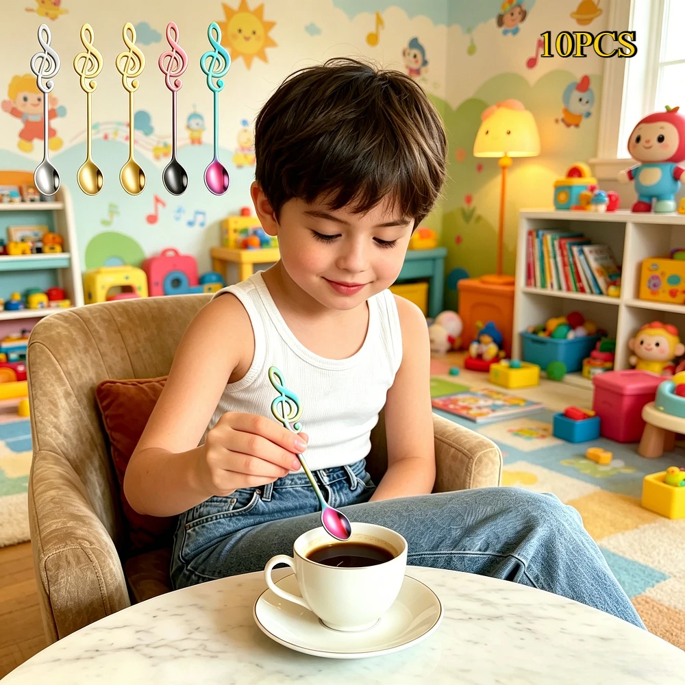 

10PCS Stainless Steel Music Note Spoon Long Handle Golden Mixing Spoon Coffee Dessert Spoon for Drink Honey Tea Bar Kitchen
