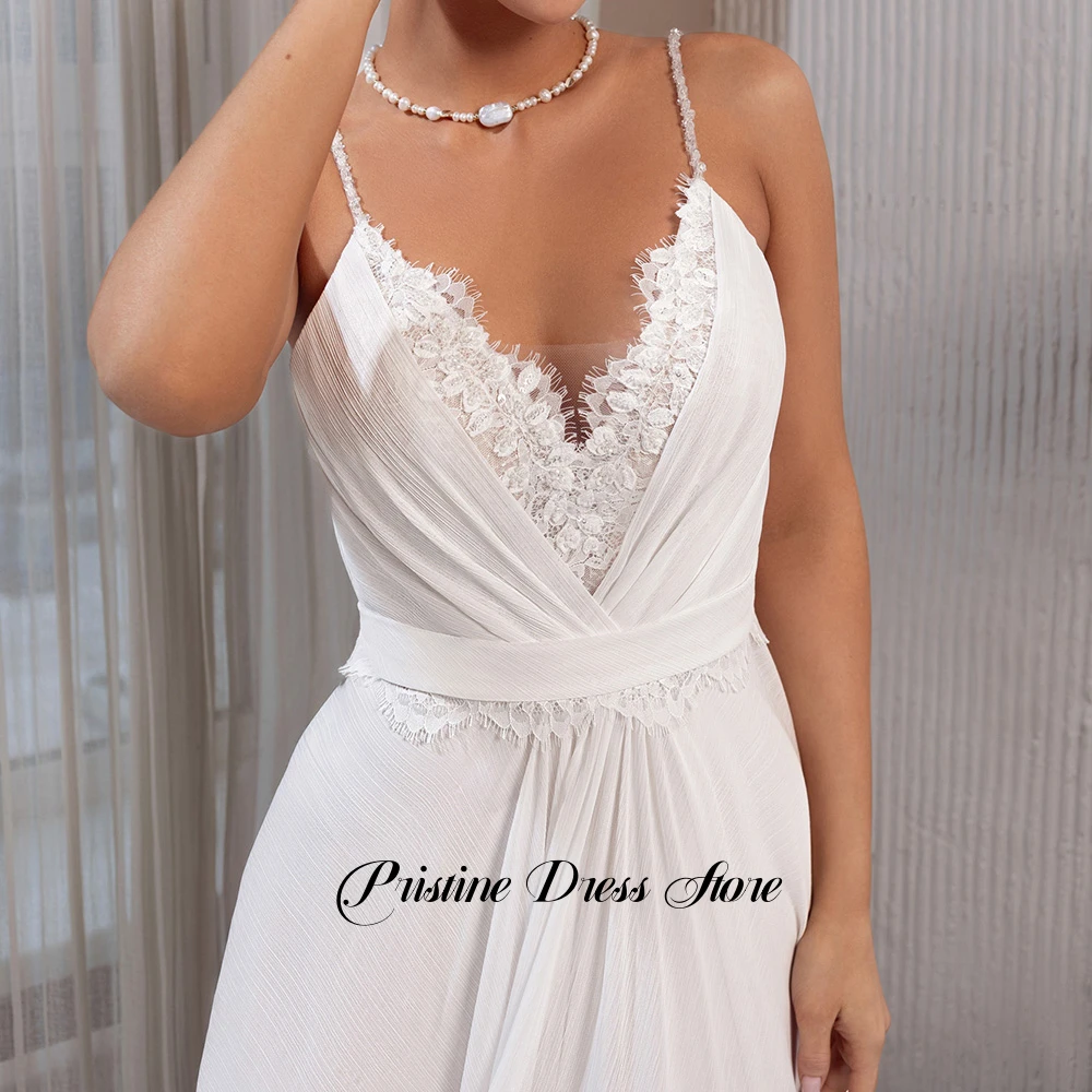 فستان زفاف كلاسيكي شيفون للنساء على الشاطئ طيات أنيقة مزين برقبة على شكل حرف v سويب تراين بدون أكمام زي العرائس المخصص #3