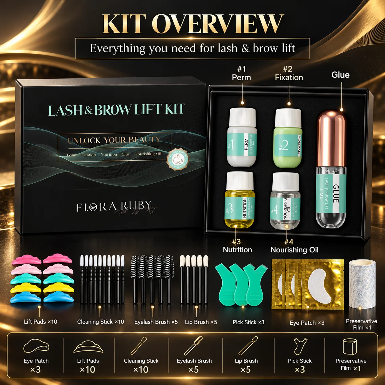 FLORA RUBY Lash Lift Kit & Brow Lamination Kit, 2 in 1 Eyelash Perm Set with Glue, 10 Silicone Pads, Brushes, 5 x 5ml Bottles