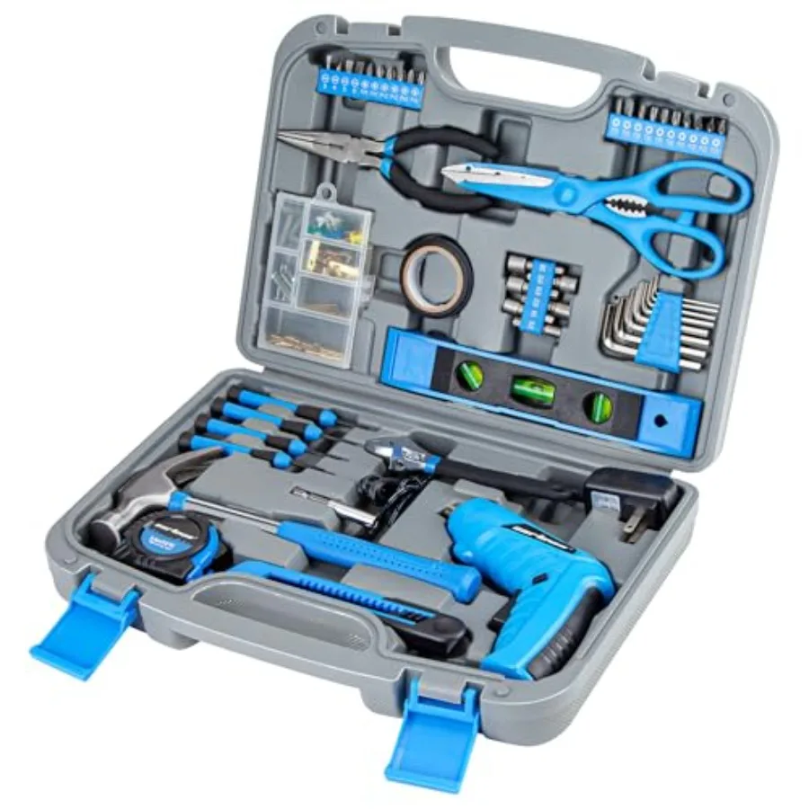 

s Tool Set General Household Hand Tool Kit with Cordless Screwdriver Blue