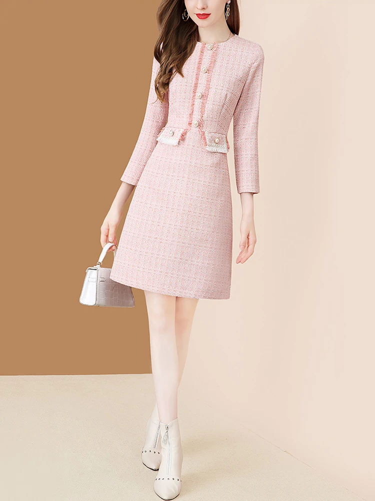 EVNISI Pink Dress For Women Tweed Patchwork Knitted Peter Pan Collar Dresses Office Lady Plaid Vestidos 2022 Autumn And Winter