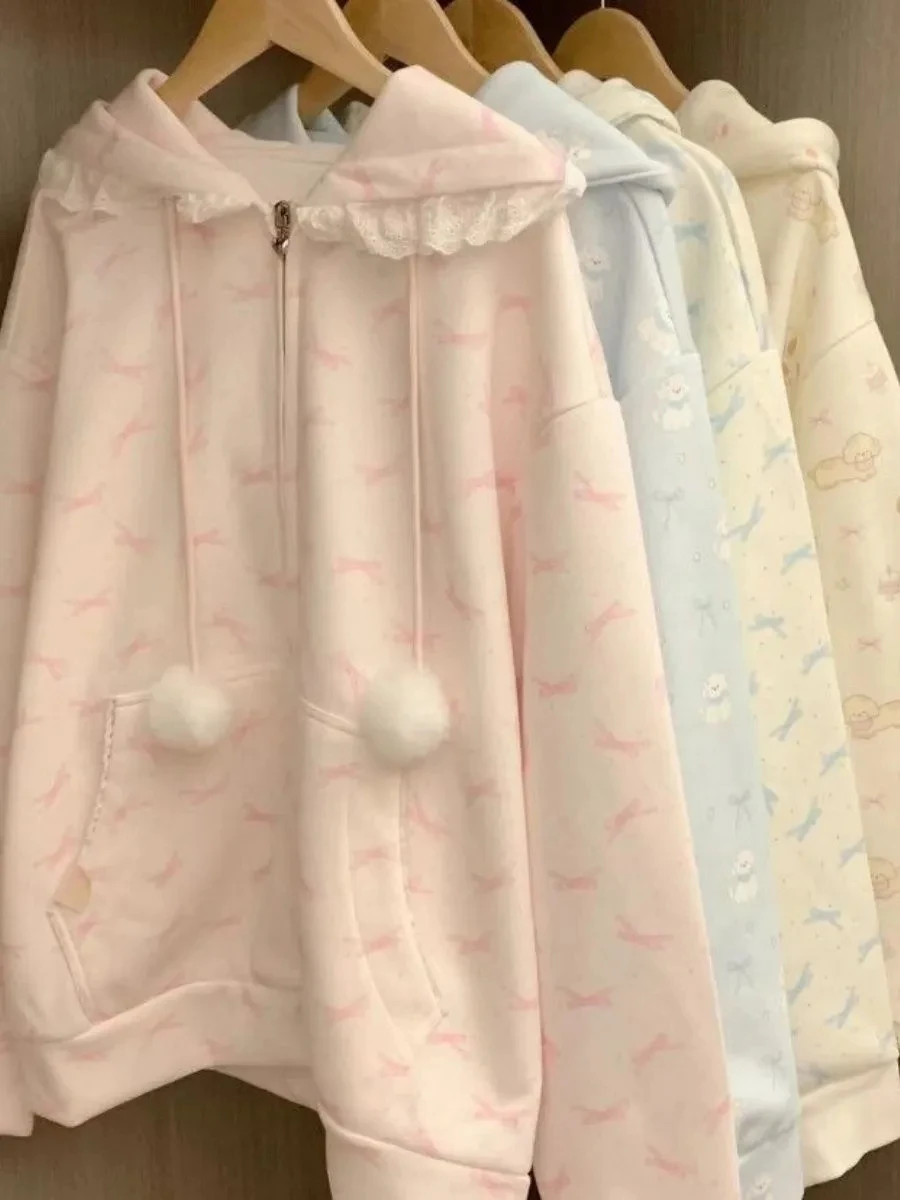 

Cute Pink Lace Hooded Oversized Long Sve Zipper Jaet Sweatirt Women's Sle Casual Comfortable Spring Autumn Winter