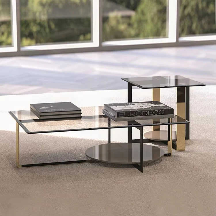 yr-Modern Square Glass or Marble Coffee Table, Gold Metal Cross Legs, Two Tier Center Table for Living Room-