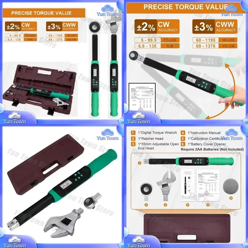 3PCS Adjustable Digital Torque Wrench Set for Automotive Repair Tools 6.8-135 N·m with Buzzer LED Notification for Multiple
