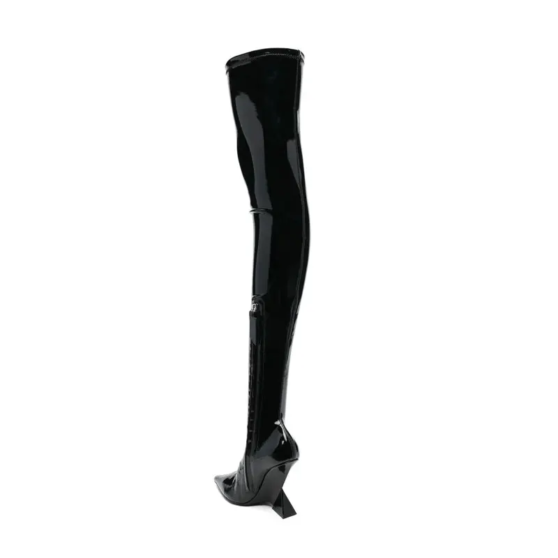 Hot Unique Shape Wedge Heels Women's Skintight Over Knee Boots Pointed Toe Patent Long Booties Thigh High Shoes